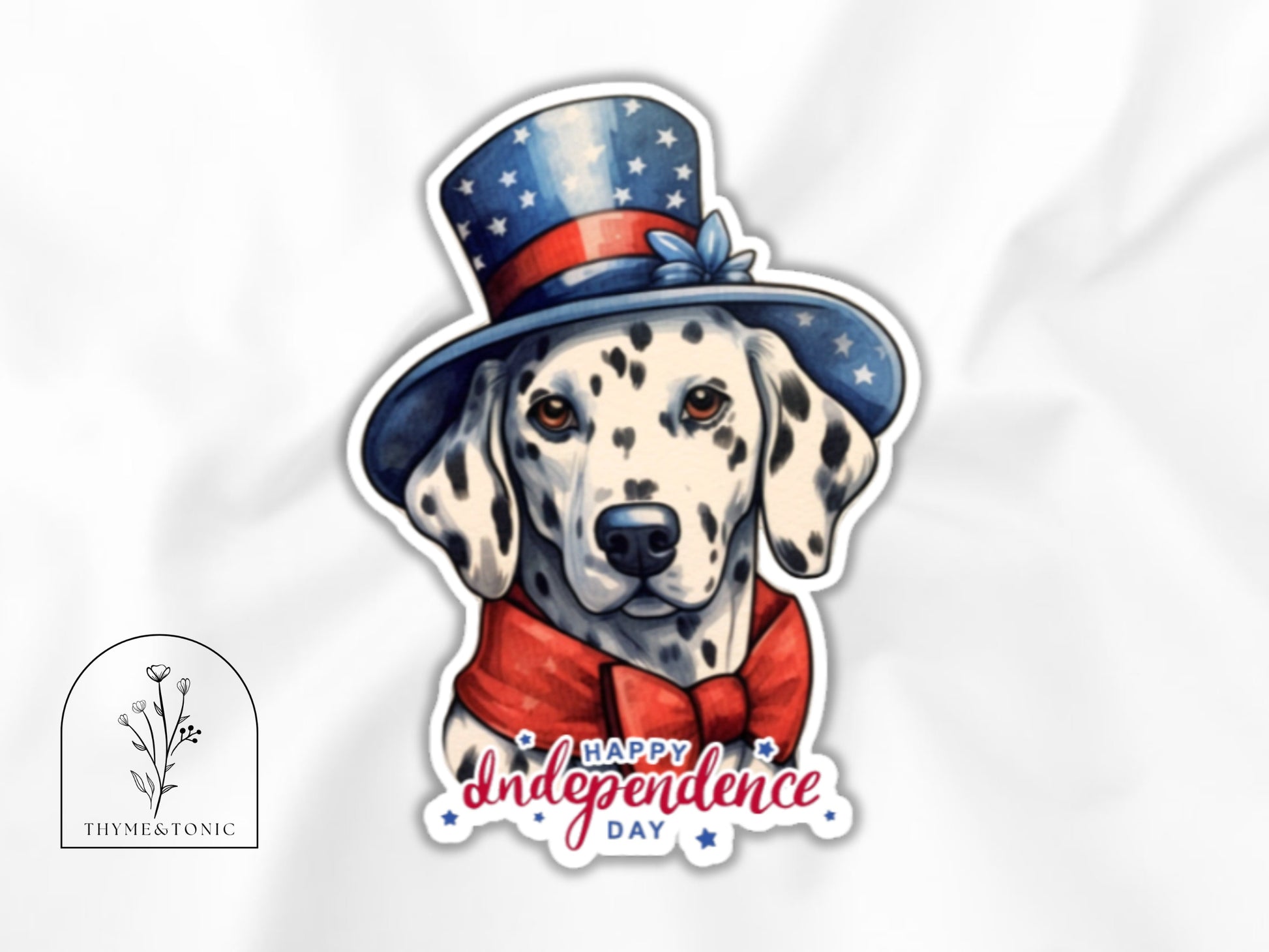 Patriotic Pup Vinyl Sticker: Dalmatian Dressed up for the 4th of July